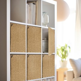 AELS 13" Handwoven Natural Fibre Doors for Cube Storage Shelf, Set of 4, Boho Straw Shelf Cover for Bookcase & Open Bookshelf, Rustic Farmhouse Home Decor, fit IKEA Kallax Shelf, Natural (Door ONLY)