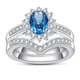 Gobaalele Cubic Zirconia Wedding Ring Set Oval Cut Bridal Set 5A Grade CZ Diamond Blue Sapphire Engagement Promise Anniversary Ring for Women Size6.5