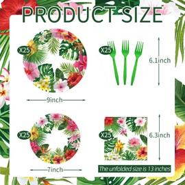 100 Pcs Tropical Luau Party Supplies Set, Serves 25 – Disposable Hibiscus Floral Paper Plates, Napkins, and Forks, Hawaiian Themed Tableware for Summer BBQ, Pool and Beach Aloha Birthday Decorations