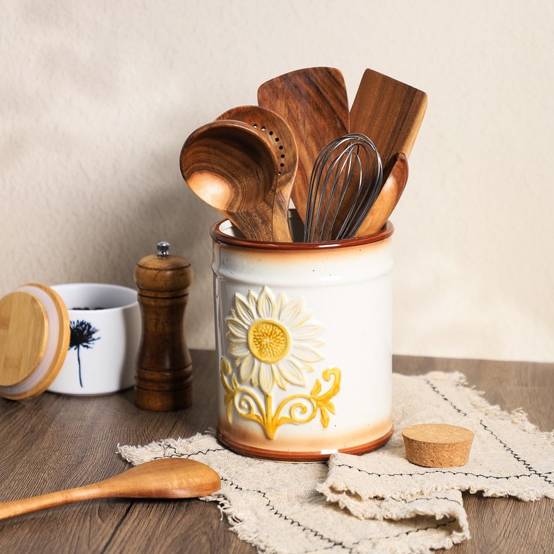 Bicuzat Ceramic Sunflower Embossed Pattern Kitchen Utensil Holder, Large Cooking