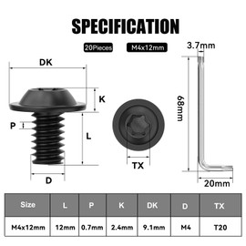Wavanta 20Pcs M4 Bolts, M4 x 12mm Flanged Button Head Screws, Torx Bolts, 304 Stainless Steel, Fully Threaded, Black Oxide with Torx Key