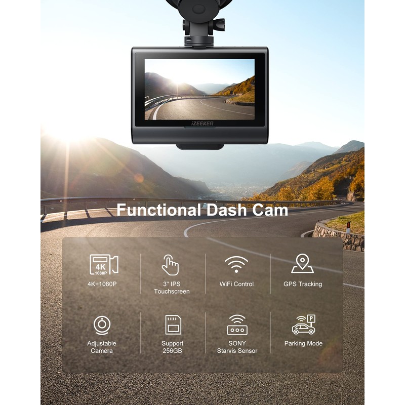 iZeeker Dash Cam Front and Rear 4K+1080P, WiFi GPS Car
