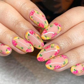 French Tip Press on Nails Short Oval Fake Nails with Colorful Flowers White Dots Green Leaves Designs Glue on Nails Pink Full Cover False Nails Glossy Artificial Stick on Nails for Women 24Pcs
