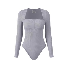 OQQ Women's Bodysuits Sexy Ribbed Square Neck Long Sleeve Tummy Control Casual Fall Bodysuits Grey