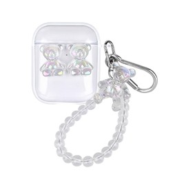 Reownest Compatible with AirPods Case, Airpods 2 Case and Airpods 1 Case Cute Bear Aesthetic Laser Design with Glitter Bracelet Beads Bear Key Ring Accessory Case for Girls