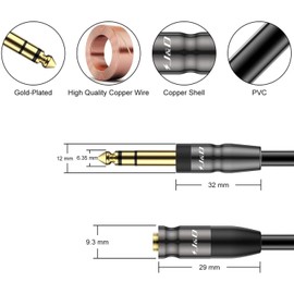 J&D 1/4 inch to 3.5mm Headphone Adapter, Heavy Duty Copper Shell Connecter Joint 3.5mm 1/8 inch Female TRS to 6.35mm Male TRS Stereo Audio Extension Cable (1 Feet)