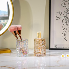 DASITON Glass Makeup Brush Holder Organizer, Multifunctional Cosmetic Storage Cup, Vintage Makeup Organizer for Vanity, Bathroom Countertop Toothbrush Holder, Desk Pen Pencil Holder (Amber)