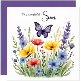 Beautiful Son Birthday Card with Flowers & Butterfly design - Floral Birthday Cards for Son