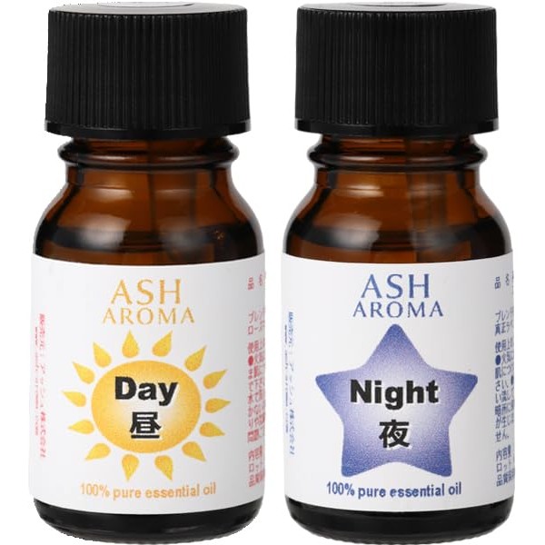 ASH Aroma Blend Oil for Day and Night Use 0.3 fl oz (10 ml) x 2 Bottles Set [Day: Rosemary + Lemon, Night: Lavender + Orange]