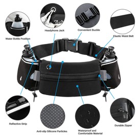 Luckit Hydration Running Belt with 2 Water Bottles(2 x 300ML), Reflective Running Waist Bag Bum Bag Adjustable Sports Waist Pouch for Marathon Running Hiking Camping Cycling Jogging (Stretchable Belt)