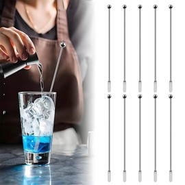 FUGSHIYI Muddler, Bar Spoon, Stainless Steel, Total Length 7.5 inches (19 cm), Set of 10, Stirring Rod, Long Muddler, Cocktail, Drink, Coffee, Convenient Accessory (Silver)