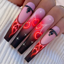 Press on Nails French Tips Coffin Long Square Artificial Black Fake Nails with Flame and Heart Designs Ballerina Glossy Full Cover Acrylic False Nails Glue Stick on Fingernails with Charms for Women