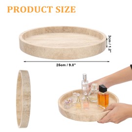 ELLDOO Natural Travertine Marble Vanity Tray, 9.8 Inch Round Luxury Decorative Tray for Bathroom Kitchen Dresser Nightstand, Beige Serving Plate Dish for Perfume Jewelry Candles, Table Accents Decor
