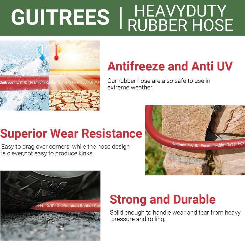 Guitrees 25FT 5/8 Heavy Duty Rubber Garden Hose - 200psi