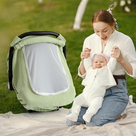Muslin Cotton Baby Car Seat Cover for Boys and Girls, Summer Baby Car Seat Covers Infant Car Seat Canopy with Breathable Mesh Window Windproof Carseat Cover for Babies (Mint Green)