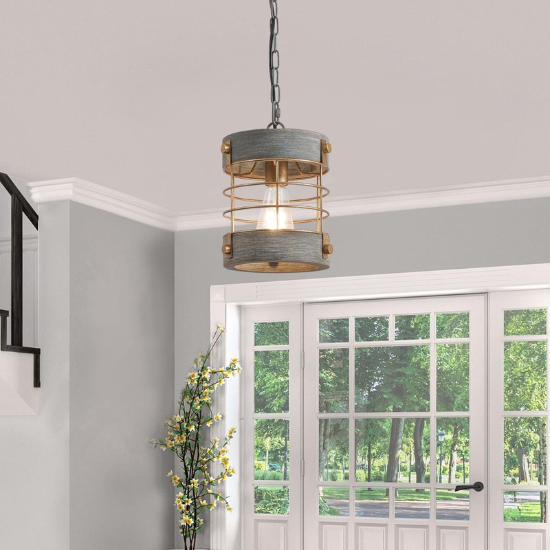 wochos Farmhouse Pendant Light, Adjustable Metal and Wood Chandelier Light