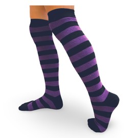 Colourful Baby World Kids Girls Striped Party Fancy Dress Up Knee Socks Black Red Blue Age 6 7 8 9 10 (Black-purple, 3-5 Years)