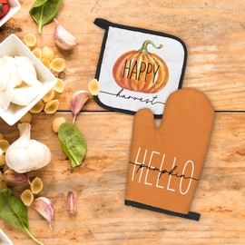 FIicy Fall Oven Mitts and Pot Holders Sets, Pumpkin Autumn Fall Kitchen Accessories Sets, Orange Hello Pumpkin Happy Harvest Fall Thanksgiving Heat Resistant Oven Glove Potholders for Kitchen Baking