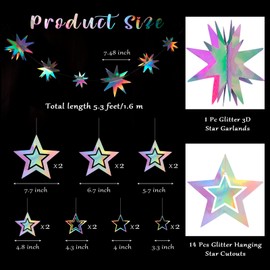Star Garland Decorations Kit,Holographic Twinkle Little Stars Garlands Glitter 3D Star Garlands Star Hanging Streamer Backdrop Banner for Birthday Baby Shower Graduation Wedding Ramadan EID