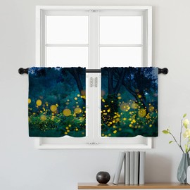 Batmerry Dark Night Forest Tier Curtains,Lampyridae Trees Lightning Bugs Fireflies Window Treatment Short Kitchen Curtain Multilayer Polyester Blackout for Living Room/Bathroom, 2 Pack 26x24 inches