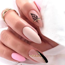 24 Pcs Almond Press on Nails Medium Length Fake Nails Pink Milk white French Tip Glue on Nails with Geometric leaves Design Acrylic Nails Luxury Matte False Nails for Women W-255