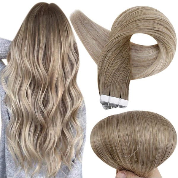 Fshine Blonde Tape In Hair Extensions Human Hair 22 Inch Balayage Color 8 Ash Brown Fading To 60 And 18 Ash Blonde Tape In Real Hair Extensions 50 Gram 20 Pcs Seamless Tape In Extensions Double Sided