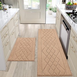 BEQHAUSE Washable Kitchen Rugs Sets of 2 Non Slip Kitchen Mats for Floor Absorbent Soft Kitchen Runner Rug for Kitchen Decor,Bathroom,Sink,Hallway,Door,Laundry,20”x30”+20”x48”,Beige/Camel