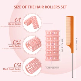 Syhood 12 Pcs Plastic Hair Rollers for Women Large Size Curlers Set Snap Roller Clips with Rat Tail Comb for Long Medium Short Hair Bangs, Salon Hairdressing Styling Tool(2.6 x 1.1 Inch,Peach Color)