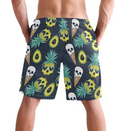 visesunny Pineapple and Ice Cream Skull Pattern Men's Beach Shorts Swim Trunks Sports Running Bathing Suits with Mesh Lining