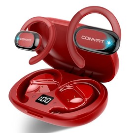 Conyat Open Ear Headphones, 58H Playtime Bluetooth 5.4 Wireless Earbuds with Immersive Stereo, Air Conduction Earphones with HD Mic, ENC Clear Calls/LED Display/IP7 Waterproof Open Ear Earbuds, Red