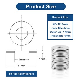 M5 Metal Washers (Pack of 50), M5 x 17 x 1mm Penny Washers, A2 304 Stainless Steel Washers, Flat Repair Washer, Large Metal Washers, Round Flat Spacer Plain Round Chrome Washers for Screws & Bolts