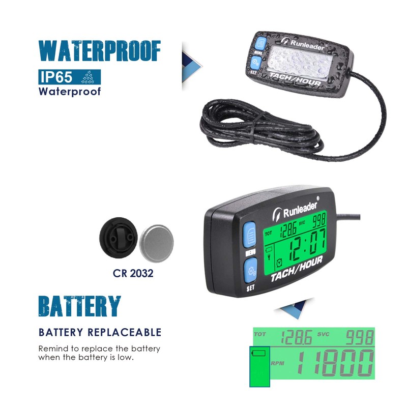 Runleader Hour Meter Tachometer,Maintenance Reminder,Alert RPM,Backlit Display,Initial Hours Setting,Battery Replaceable,Use