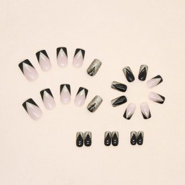 JUSTOTRY 24 Pcs Gold Glitter Short Press on Nails Pattern,Black French Square Fake Nails,Glossy False Nails Medium for Nails Art,Pretty Squoval Stick on Nails for Women Gifts