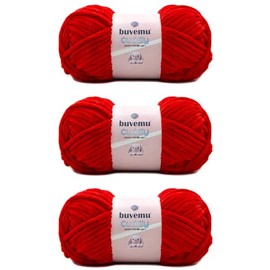 Buvemu Cuddly Velvet Chenille Yarn, Super Soft Fluffy Bulky for Knitting Crocheting Crafting Blanket Amigurumi, Durable for Shedding, 100 Gram (3.53 Ounces) 109 Yards (100 Meters) (Red) (3 Skeins)