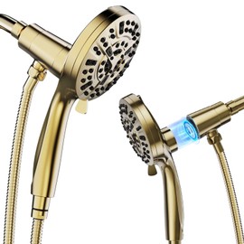 WCQQ High Pressure 10 Ways Handheld Shower Head Brushed Gold- Anti-clog Nozzles, Built-in Power Wash to Clean Tub, Wall & Overhead Brackets,Magnetitc Rainfall Shower Wand,Built-in 2 Power Jet