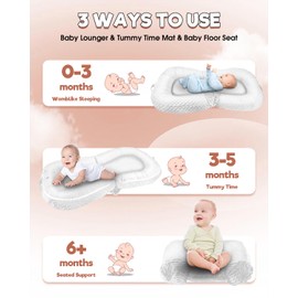 3-in-1 Baby Lounger&Baby Seat&Tummy Time Mat, Infant Lounger for Newborn 0-24 Months, Double Side Fabric with Velvet and 3D beanbag Velour, Foldable and Portable Baby Chair for Home and Travel