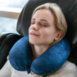 GLOBETROTTER Classic Memory Foam Travel Neck Pillow with Attachable Snap, U Shaped for Comfortable Head and Neck Support, Navy Blue