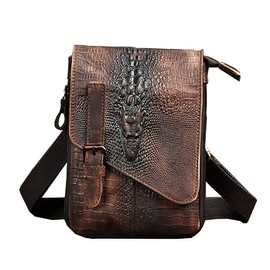 Le'aokuu Men's Crazy Horse Leather Bag Leisure University School Bag Travel Bag Shoulder Bag Messenger Bag 611, 611-1 Crocodile Dark Brown-Size, messenger