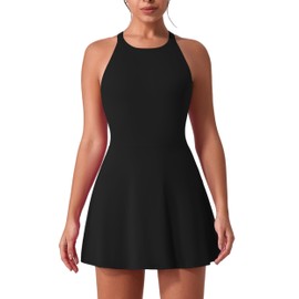 IDOPIP Abito da tennis, da donna, con reggiseno e pantaloncini integrati, tasca sul retro, per lo sport, per il tempo libero, per il fitness, lo sport, Nero , XL