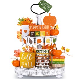 FairySandy 19 PCS Bright Fall Tiered Tray Decor Fall Farmhouse Home Decor Set Fall Wood Tray Decor Autumn Pumpkin Tiered Tray Decorative Fall Tray Sign for Tabletop Kitchen Office Decorations