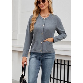 Neineiwu Cardigan for Women Elegant Crew Neck Long Sleeve Cardigan with Buttons and Golden Metal Buttons Pockets, darkgray