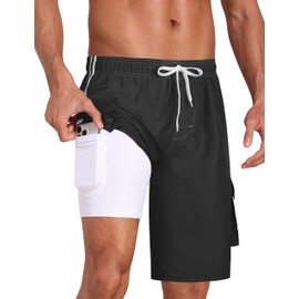 Nonwe Men's Board Shorts Hawaiian Swim Trunks Lightweight Classic Bathing Suit with Compression Liner Black 34