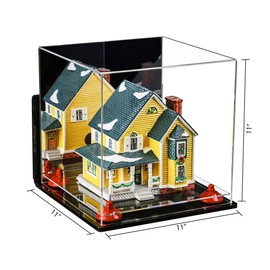 Better Display Cases Versatile Acrylic Display Case - Medium Square Box with Mirror, Wall Mount, Red Risers and Clear Base 11" x 11" x 11" (A001-RR)