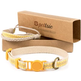 Pettsie Cat Collar Breakaway Safety and Friendship Bracelet for You, Durable 100% Cotton for Extra Safety, Comfortable and Soft, D-Ring for Accessories, Gift Box Included (7.5"-11.5" Neck, Yellow)