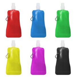 SKHAOVS Pack of 6 480 ml Foldable Flexible Water Bottle, Reusable, Foldable Water Bag, Festival with Carabiner Hook, Festival Bottle for Hiking, Adventure, Travel (6 Colours)