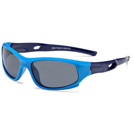 COASION Sunglasses Kids Polarised Sports Glasses for 4-12 Years Boys Girls Cycling Glasses UV400 Protection, Blue Frame/Grey Lens