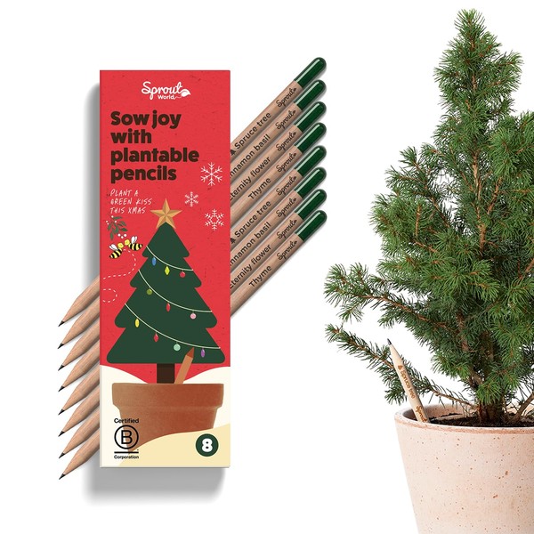 Sprout World Plantable Pencils | Festive Love Edition with Winter Themed Seed Assortment | Pre-Tempered HB Graphite Pencils | Christmas Gift Ideas 2023 | Pack of 8