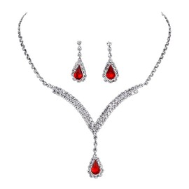 CCAIPU Rhinestone Necklace Bracelet Earrings Jewellery Set for Women, Adjustable Rhinestone Necklace Tennis Bracelet Dangle Earrings Bridal Wedding Sets Gifts for Ladies Girls (B-Red)