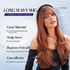 Allbell Long Wavy Auburn Wig with Bangs Ginger Wig for Women Heat Resistant Fiber Synthetic Brown Wig Natural Looking Long Layered Wigs for Daily Party Cosplay Use