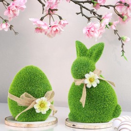 com-four® 2x decorative figure - Easter bunny and Easter egg made of ceramic with bows and flowers - bunny and egg covered with artificial grass (2-piece rabbit+egg 17+11cm)